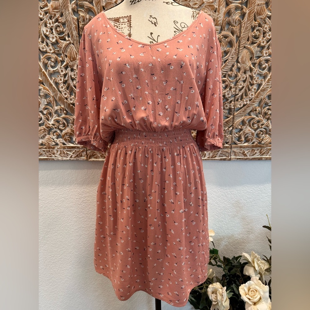 Copper Key Coral Color with White Dainty Floral Pattern Mini Dress- size Jr. XL